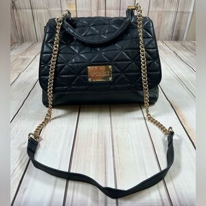 Parisian Chic Bebe Black and Gold Quilted Shoulder Bag.